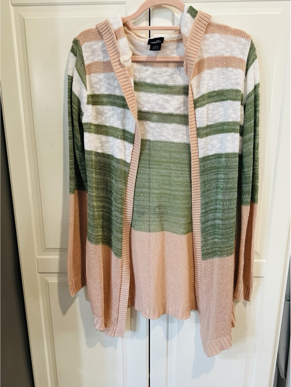 Rue 21 Coral, Cream, Green Striped Hooded Knit Cardigan Sweater Size L